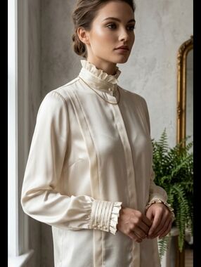 High-Neck Cream Ruffle Blouse